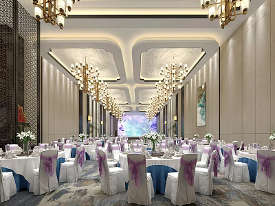 Elegant Banquet Hall Interior With Luxurious Chandeliers Dining Tables And Purple Chair Sashes 3d model