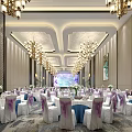Elegant Banquet Hall Interior With Luxurious Chandeliers Dining Tables And Purple Chair Sashes