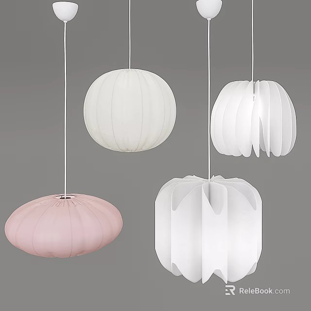 Modern Paper Pendant Lights in White and Pink with Round Petal and Oval Shapes 3d model 