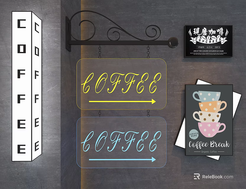 Hanging Signs For Coffee Shop With Illuminated Letters And Posters 3d model 