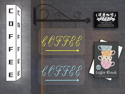 Hanging Signs For Coffee Shop With Illuminated Letters And Posters 3d model