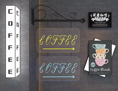 Hanging Signs For Coffee Shop With Illuminated Letters And Posters 3d model