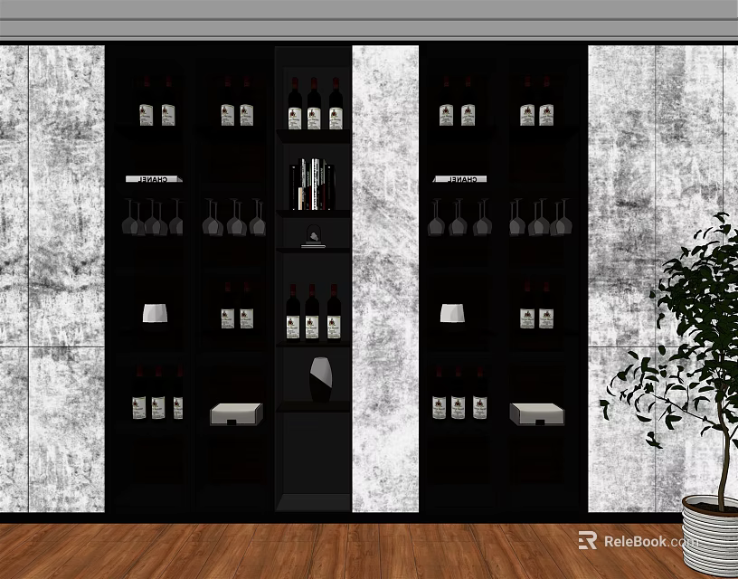 Modern Black Wine Cabinet With Multiple Shelves Storing Wine Bottles And Glasses 3d model 