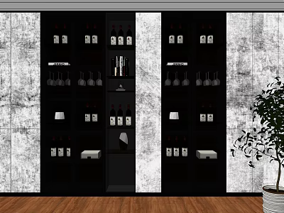 Modern Black Wine Cabinet With Multiple Shelves Storing Wine Bottles And Glasses 3d model