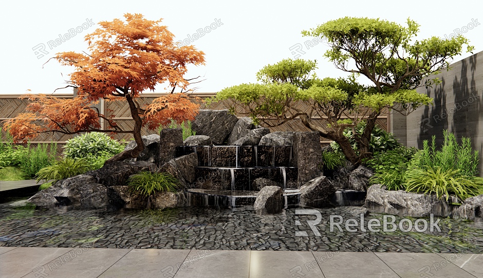 New Chinese-style rockery waterscape stone stack water landscape courtyard sketch plant pile shrubs flowers and plants fence wall landscape tree red maple model