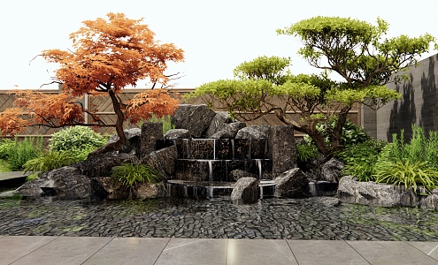 New Chinese-style rockery waterscape stone stack water landscape courtyard sketch plant pile shrubs flowers and plants fence wall landscape tree red maple 3d model