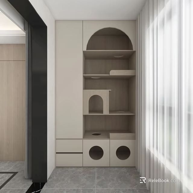Modern Interior With Light Colored Cat Furniture Open Shelves And Round Openings 3d model 