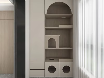 Modern Interior With Light Colored Cat Furniture Open Shelves And Round Openings 3d model