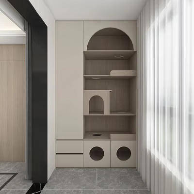 Modern Interior With Light Colored Cat Furniture Open Shelves And Round Openings 3d model