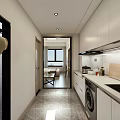 Modern Apartment Kitchen With White Cabinets Washing Machine And Countertop Appliances