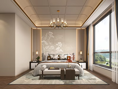 Elegant Modern Bedroom Interior With Chinese Landscape Wall Chandelier Bed Nightstands Rug And Window View 3d model