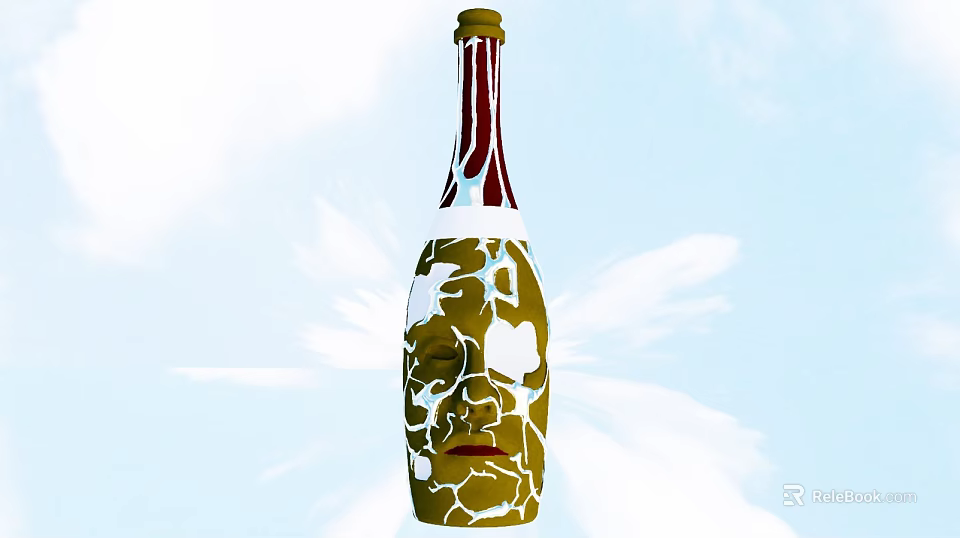 Green And White Patterned Bottle With Red Neck Stripes Face Design Light Blue Floral Background 3d model 