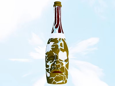 Green And White Patterned Bottle With Red Neck Stripes Face Design Light Blue Floral Background 3d model