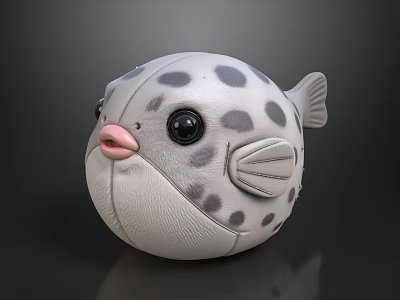 Cute White Puffer Fish Toy With Gray Spots Big Eyes And Pink Mouth 3d model