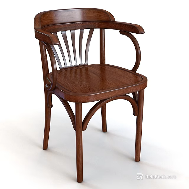 Classic Wooden Single Chair With Slatted Backrest Curved Armrest And Legs 3d model 