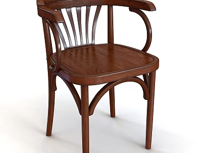 Classic Wooden Single Chair With Slatted Backrest Curved Armrest And Legs 3d model