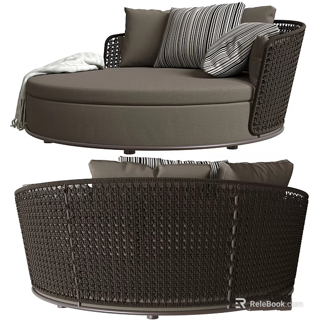 Elegant Dark Brown Rattan Sofa Stool With Round Design And Decorative Pillows 3d model 