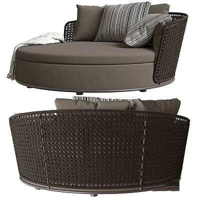 Elegant Dark Brown Rattan Sofa Stool With Round Design And Decorative Pillows 3d model