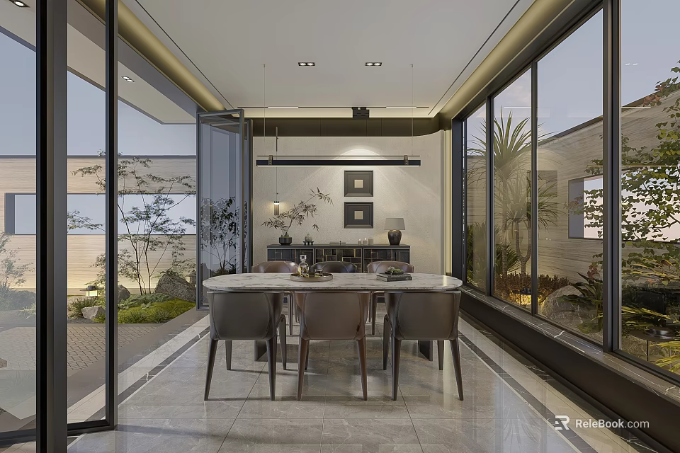 Modern Restaurant Interior With Large Windows Dining Table Wall Art And Indoor Plants 3d model 