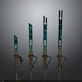 Four Stylish Swords With Blue Green Grid Pattern Blades And Brown Metal Hilts