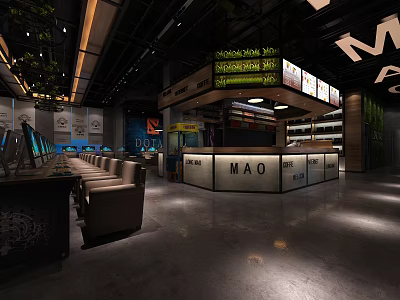 Modern Internet Cafe Featuring Spacious Interior Lighting Design Bar Counter Computer Equipment And Green Plants 3d model