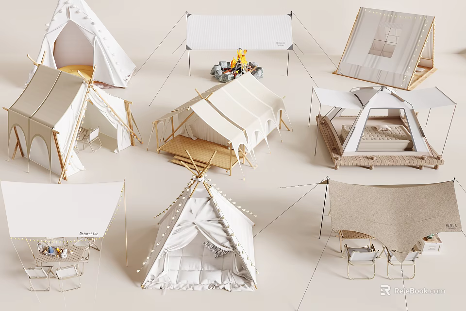 Outdoor Canopies In Various Styles With Triangle Rectangular Shapes And Canvas Fabric 3d model 