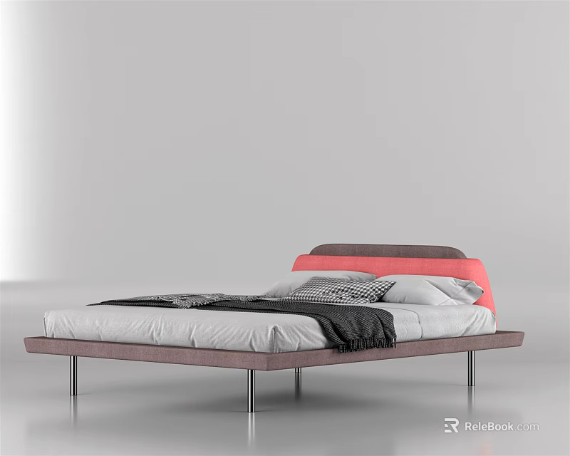 Modern Double Bed With Red Pink Headboard Wooden Frame Metal Legs And Bedding 3d model 