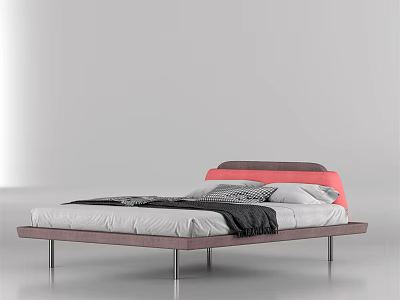 Modern Double Bed With Red Pink Headboard Wooden Frame Metal Legs And Bedding 3d model