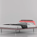 Modern Double Bed With Red Pink Headboard Wooden Frame Metal Legs And Bedding