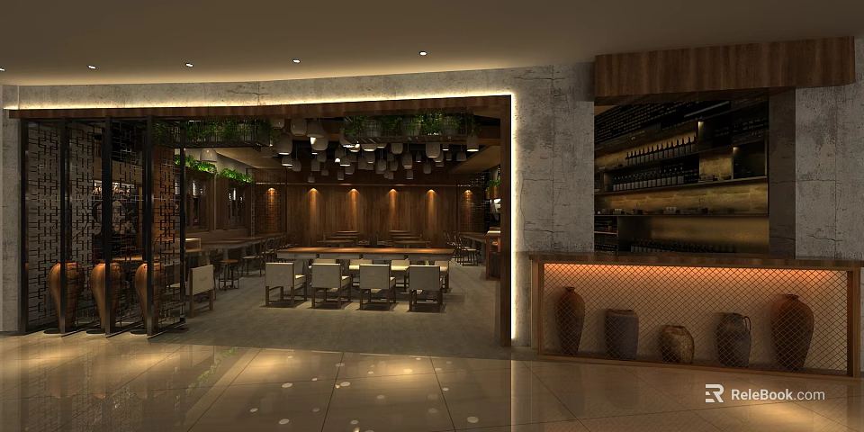 Warm Rustic Restaurant Interior With Wooden Decor Hanging Lights Dining Tables And Wine Racks 3d model 