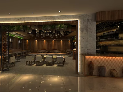Warm Rustic Restaurant Interior With Wooden Decor Hanging Lights Dining Tables And Wine Racks 3d model