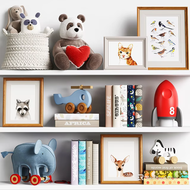 Decorative Ornament Collection With Plush Toys Photo Frames Toy Figurines Books And Woven Basket 3d model 