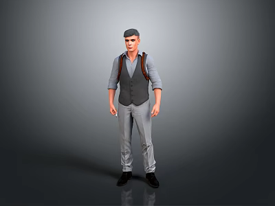 Man In Gray Vest Light Blue Shirt Gray Pants Black Shoes Standing 3d model