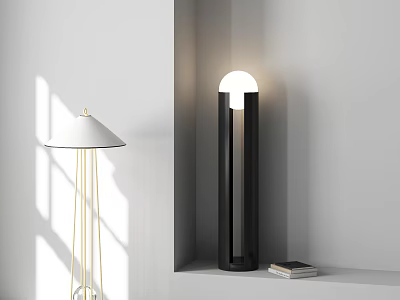 Modern Floor Lamp With Black Cylinder Design And Soft Lighting Near Books 3d model