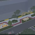 Urban Park Landscape With Curved Paths Yellow Pavilions And Green Trees