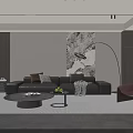 Modern Sofa Coffee Table Set With Gray Sofa Pillows Abstract Wall Art And Floor Lamp