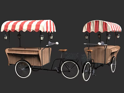 Bicycle Food Cart With Red And White Striped Canopy Wooden Structure And Lanterns 3d model