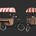 Bicycle Food Cart With Red And White Striped Canopy Wooden Structure And Lanterns
