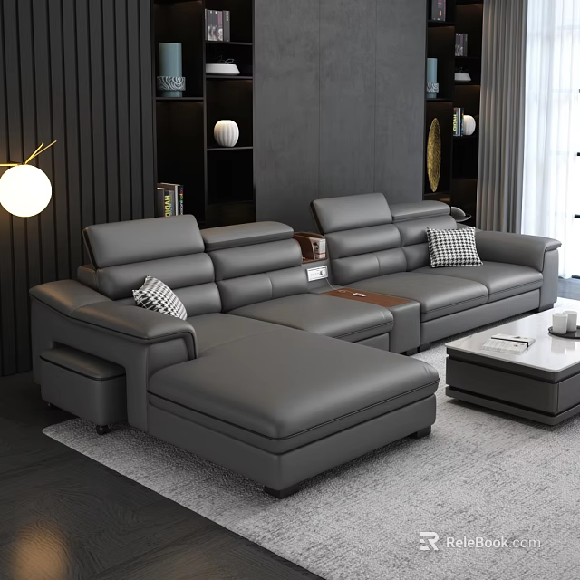 Grey Leather L shaped Sofa and Coffee Table Set with Throw Pillows and Decorative Shelves 3d model 