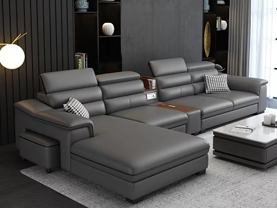 Grey Leather L shaped Sofa and Coffee Table Set with Throw Pillows and Decorative Shelves 3d model