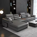 Grey Leather L shaped Sofa and Coffee Table Set with Throw Pillows and Decorative Shelves