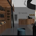 INOOS Shoe Store Interior With Wooden Shelves Display Racks And Checkout Counter
