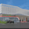 Green Land Modern Commercial Complex With Perforated Roof Glass Curtain Wall Parking Area And Pedestrians