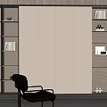 Modern Illuminated Bookcase Interior With Leather Chair Potted Plant And Decorative Storage