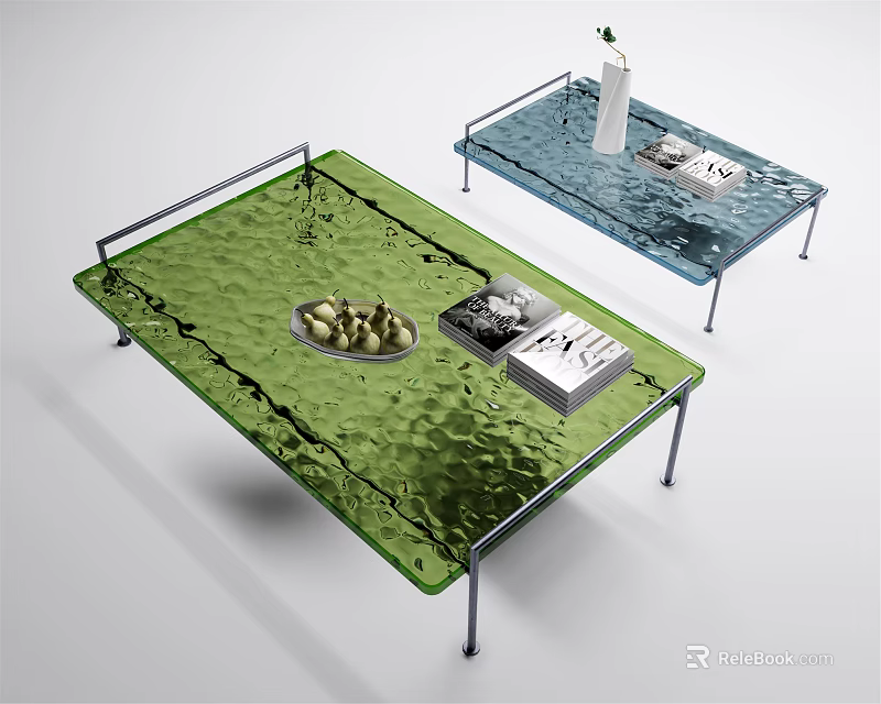 Modern Coffee Table With Textured Glass Top Metal Legs Fruit Bowl And Magazine 3d model 