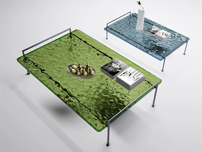 Modern Coffee Table With Textured Glass Top Metal Legs Fruit Bowl And Magazine 3d model