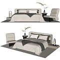 Modern Double Bed With Upholstered Headboard Pillows Throw Blanket And Nightstand 3d model