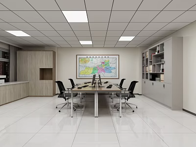 Public Office Space With Conference Table Black Office Chairs Wall Map And Bookshelves 3d model