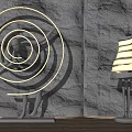 Abstract Floor Lamps with Spiral Layered Designs Human Figure Bases Stone Wall Wooden Floor Background