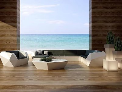 Modern Sectional Sofa In Seaside Living Room With Wooden Floor And White Geometric Armchairs 3d model